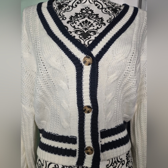 NWT: White and Navy Cardigan Sweater Medium - Picture 2 of 5